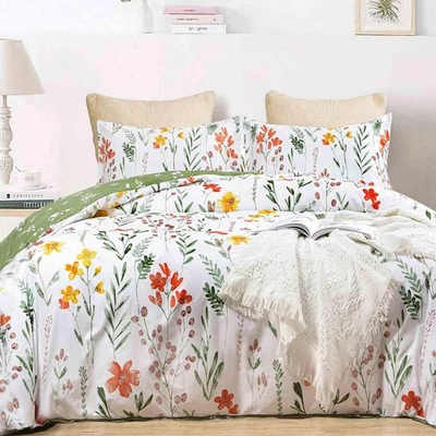 Floral Duvet Cover Queen Size, 3 Pieces Green Leaves Yellow Flowers Botanical... - Image 1 of 4