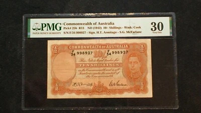 1942 COMMONWEALTH OF AUSTRALIA PMG VF30 TEN SHILLINGS NOTE 10S Bill BUY IT NOW! - Image 1 of 4