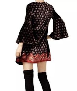 Trina Turk Astral Long Bell Sleeve Velvet Patterned Mini Dress SZ 4