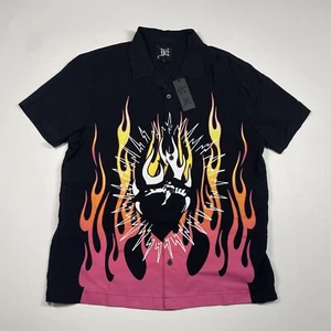 Ed Hardy Shirt Men Large Black Yellow Orange Pink Flames Tattoo Button Up NEW - Picture 1 of 9