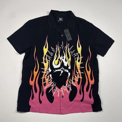 Camisa Ed Hardy Hombres Grande Negra Amarilla Naranja Rosa Llamas Tatuaje Abotonada NUEVA Foto 1 de 4