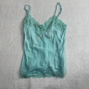 New York & Company Teal Lace Trim Sequin Spaghetti Straps Camisole Top Womens S - Picture 1 of 8