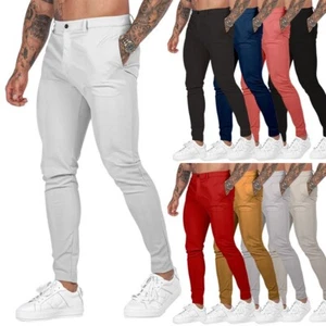 Mens Chino Trousers Flat Front Slim Fit Casual Stretch Cotton Pants Skinny - Picture 1 of 17