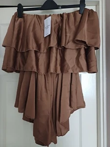 BNTW SATIN FEEL CHOCOLATE BROWN OFF THE SOULDER FRILL PLAYSUIT 14 / 16 - Picture 1 of 3