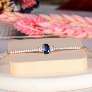 3Ct Oval Cut Lab Created Blue Sapphire Women Chain Bracelet 14K Rose Gold Plated