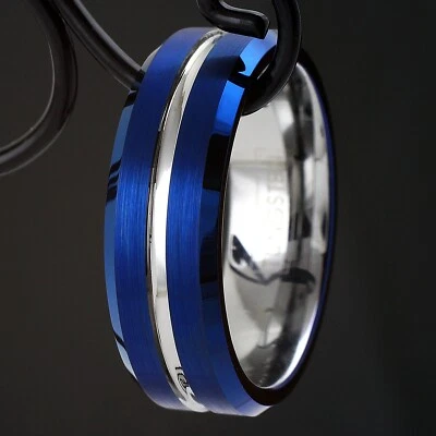 Blue Tungsten Carbide Thin White Line Band Ring EMS Medics National Guard Nurses - Image 1 of 4