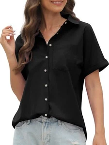 100% Cotton Short Sleeve Shirt for Women Casual Button Down Summer Top - Picture 1 of 3