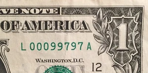 $1 Dollar Bill 2013 Circulated Trinary Repeat Low Serial Number L 000 9 97 97 A - Picture 1 of 3