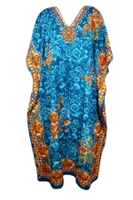 Boho Teal Blue Floral Maxi Caftan Dress V-Neck Kimono Sleeves Holiday Kaftan 2XL