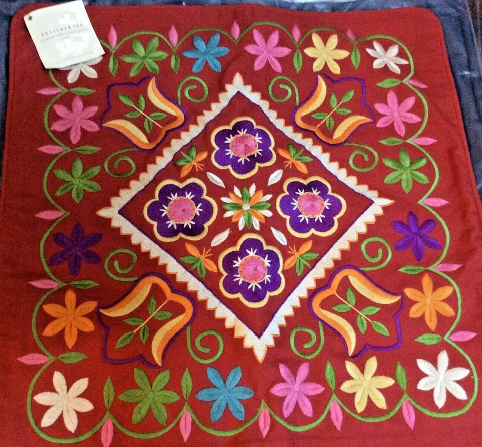 Pottery Barn Romanian Embroidered Pillow Cover 18x18 NWT! Red Multi Colorful - Image 1 of 1