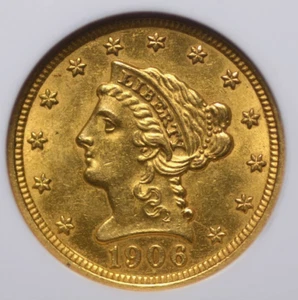 1906 $2.5 GOLD LIBERTY QUARTER EAGLE NGC MS 62 BRIGHT YELLOW GOLD, WELL PRODUCED - Picture 1 of 5