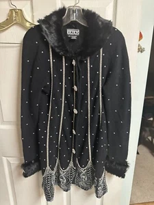 80s 90s Angora Cardigan Sweater Black Lambswool Jeweled Buttons Faux Fur Collar - Picture 1 of 11