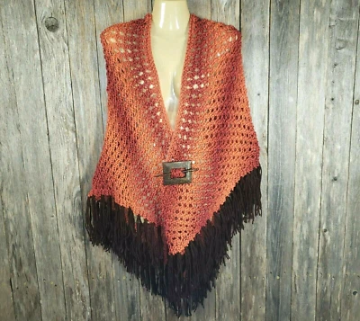 NEW Orange Rust Ombre Hand Knitted Eyelet Knit Boho Hippie Shawl Wrap Scarf - Image 1 of 4