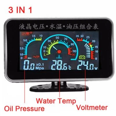 3 In1 Car LCD Digital Gauge Voltmeter Oil Pressure Water Temp 12V/24V  - Image 1 of 4
