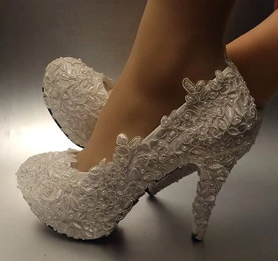 su.cheny 3'' 4” heel light ivory white pearl lace Wedding Bridal high pump shoes - Image 1 of 4