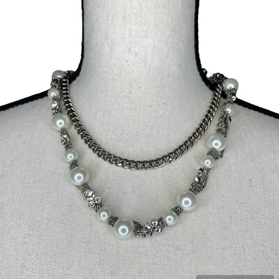 Givenchy 283693 Faux Pearl & Chain Necklace White/ Silver/ Clear 18.5" - Image 1 of 4