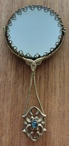 Ancien petit miroir de poche pour sac à main vintage métal doré pierres bleues - Photo 1/5