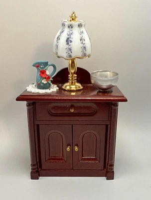Dollhouse Miniature Wooden Side Table With Artisan Pitcher  And Reutter Lamp - Image 1 of 3