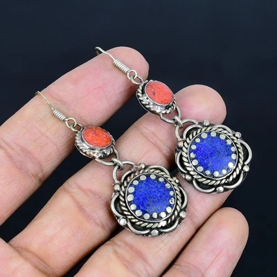 Lapis Lazuli Red Coral Ethnic 925 Sterling Silver Tibetan Nepali Earring 2.3" v9 - Image 1 of 4