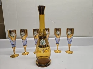 6 Hand Painted 24k Gold Accents Flutes Glasses and Carafe Signed - Picture 1 of 15