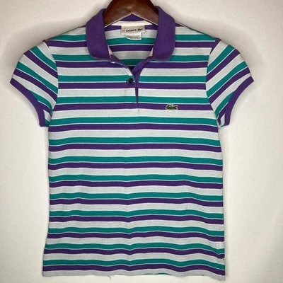 Lacoste Girls Size 16 Purple & Green Striped Polo Shirt Classic Fit Cotton - Image 1 of 4