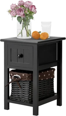 Comodino Con Cassetto E Cestello Di Vimini, Classico E Semplice, Aspetto Elegant - Immagine 1 di 4