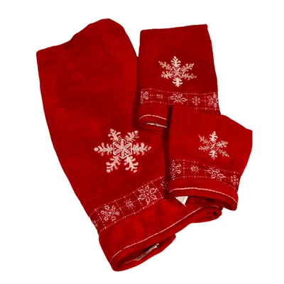 Juego de 3 toallas de mano rojas de copo de nieve bordadas para Navidad decoración festiva Foto 1 de 4