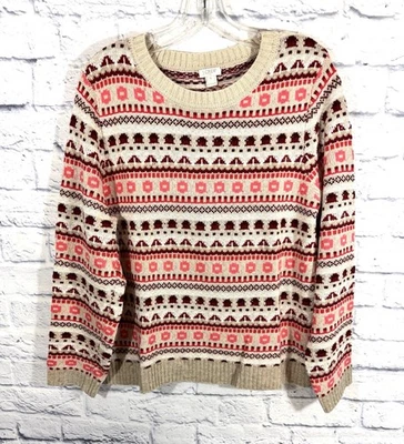 J. Crew Women's XL Sweater Fair Isle Nordic Wool Blend Beige/Burgundy - Image 1 of 4