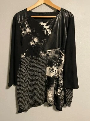 Túnica para mujer XL negra mixta imitación cuero ribete dobladillo asimétrico Lagenlook Foto 1 de 4