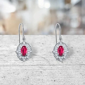 Vintage look Ruby Cluster Dangle Earrings in Solid Sterling Silver - Picture 1 of 4