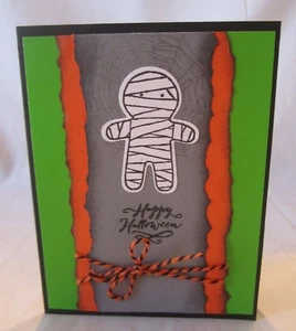 Handmade HALLOWEEN CARD Mummy Grey Orange Green Blank Inside U Choose How Many - Picture 1 of 7