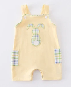 Baby Boy Yellow Easter Bunny Jon Jon Romper Shortall Embroidered Spring & Summer - Picture 1 of 9