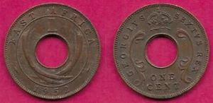 EAST AFRICA BRITISH 1 CENT 1952 ELIZABETH II,CENTRAL HOLE DIVIDES CROWN AND DENO - Picture 1 of 1