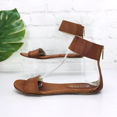 MICHAEL KORS MK Women's Sandals size 6.5 Brown Leather Ankle Straps Zip Up Flat - Image 1 of 4