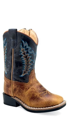 Botas de Vaquero Old West Infant Boys Punta Cuadrada Ancha Cuero Marrón/Azul Marino Quemado 6.5 Foto 1 de 2