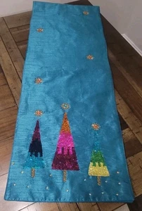 Christmas Tree Table Runner by Luxehabitat Vibrant Teal with Sequins and Beads - Picture 1 of 7
