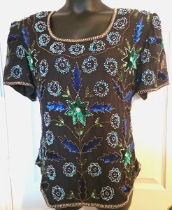 VTG Allure Dress 1X Black Silk Floral Design Beaded Sequin Evening Top Back Zip - Picture 1 of 5
