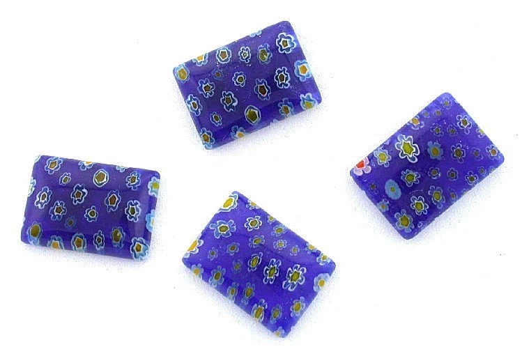 CUATRO CABUJÓN VIDRIO MILLEFIORI FLOR AZUL AMARILLO RECTÁNGULO 18MM X 13MM MC19  Foto 1 de 1