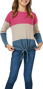 Girls Waffle Colorblock Tie Top Long Sleeve Casua T Shirt Knit Tunic - Picture 1 of 12