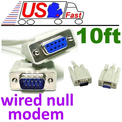 10ft long DB9pin Male-Female Null Modem Cross/Nul wired,Serial RS232 Cable/Cord - Image 1 of 2