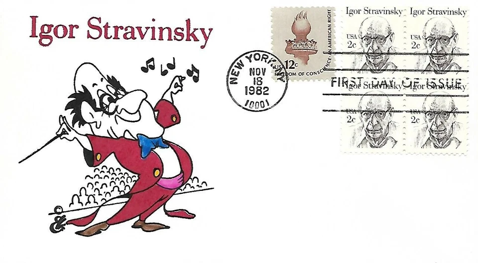 USA 1982 HAND PAINTED RICHARD ELLIS ANIMATED FDC IGOR STRAVINSKY + CACHET - Image 1 of 1