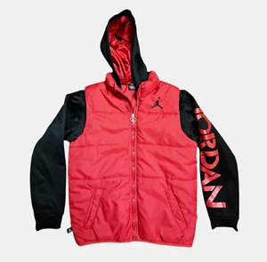 Air Jordan Full Zip Puffer Jacket Hooded Logo Sleeves Black Red Boys L Nylon - Picture 1 of 14