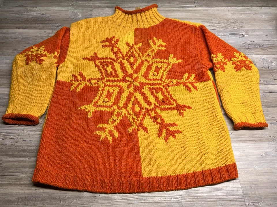 Vintage 90s Express Tricot Chunky Hand Knit Wool Snowflake Sweater Orange Yellow - Image 1 of 4