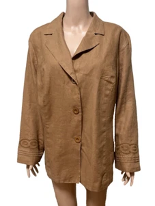 Leinen Blazer Damen 2X Größe 20 Mokka Braun 3 Knöpfe Stickerei Sommer Arbeit - Bild 1 von 8