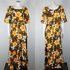 Ui-Maikai Hawaiian VTG 70s Empire Hibiscus Print Maxi Brown Dress Size Small - Picture 1 of 13