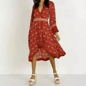 SPELL & THE GYPSY Dress Size M Red Long Sleeve Jewel Soiree Midi Dress - Picture 1 of 9