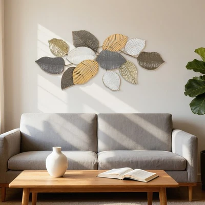 Metal Wall Art with Leaf Design, Hanging Wall Sculpture for Living Room Bedroom - Image 1 of 4