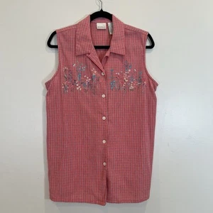 Koret Francisca Pink Plaid Sleeveless Top Button-Up Embroidered Floral L - Picture 1 of 11