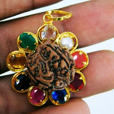 9 Planet Healing Navratna Gemstones & 5 Faces Rudraksha – Handmade Pendant - Image 1 of 4