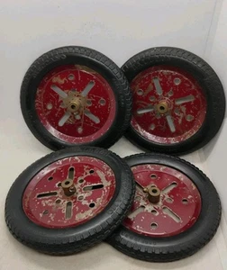 Vintage Meccano Erector 3" Burgundy Wheels w/ Original Dunlop Tires Set Nice  - Picture 1 of 9